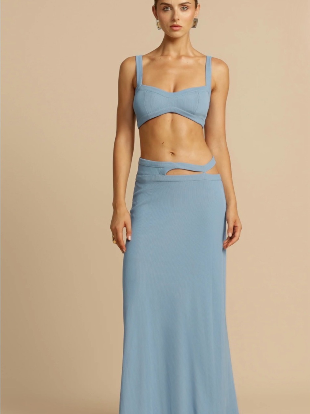 Ribbed Cutout Maxi Skirt Set - Light Blue